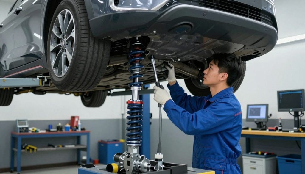 A professional mechanic, dressed in a clean blue coverall, is working on the undercarriage of a sleek hybrid vehicle in a well-lit garage. The mechanic is focused on adjusting the wheel alignment using specialized tools, with suspension components prominently displayed in the foreground. In the middle ground, a hydraulic lift supports the vehicle, showcasing the intricate design of the hybrid powertrain. The background features tools neatly organized on a workbench and diagnostic equipment, emphasizing a state-of-the-art maintenance environment. Soft, overhead LED lighting enhances the clarity and detail of the scene, creating a mood of professionalism and precision. Capture this moment from a slightly elevated angle to provide a comprehensive view of the mechanics at work on the hybrid vehicle's suspension system. A professional mechanic, dressed in a clean blue coverall, is working on the undercarriage of a sleek hybrid vehicle in a well-lit garage. The mechanic is focused on adjusting the wheel alignment using specialized tools, with suspension components prominently displayed in the foreground. In the middle ground, a hydraulic lift supports the vehicle, showcasing the intricate design of the hybrid powertrain. The background features tools neatly organized on a workbench and diagnostic equipment, emphasizing a state-of-the-art maintenance environment. Soft, overhead LED lighting enhances the clarity and detail of the scene, creating a mood of professionalism and precision. Capture this moment from a slightly elevated angle to provide a comprehensive view of the mechanics at work on the hybrid vehicle's suspension system.