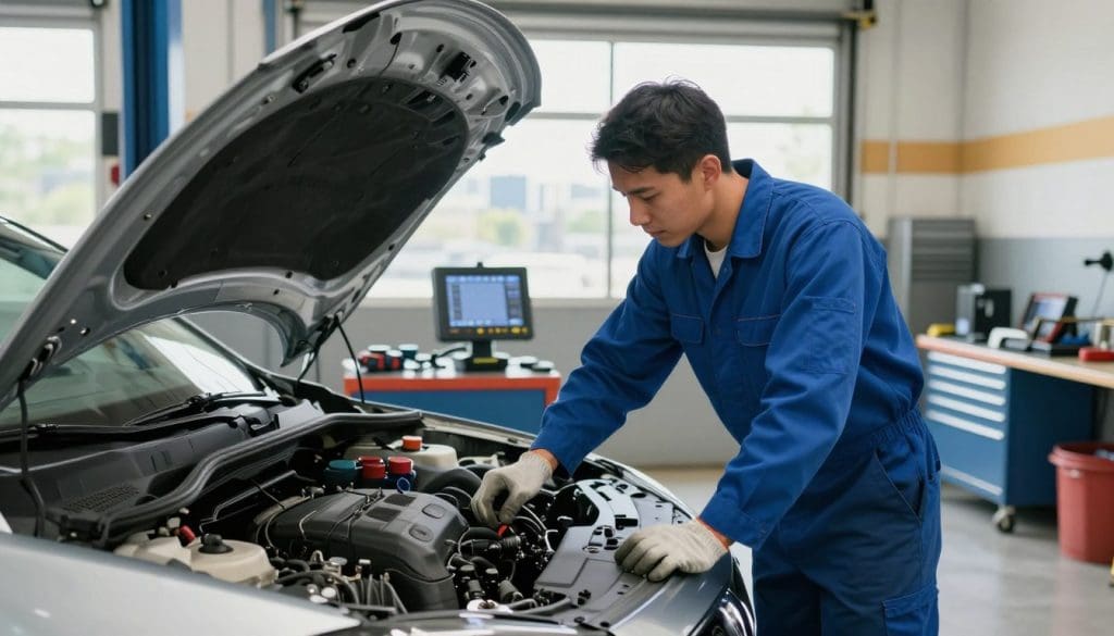 A professional mechanic in a clean, well-lit garage in San Antonio is inspecting a modern sedan, highlighting the importance of regular car maintenance. In the foreground, the mechanic, wearing a neat blue jumpsuit and safety gloves, is checking the engine under the hood with a focused expression. In the middle ground, tools are organized on a workbench, and a diagnostic scanner is visible, emphasizing a high-tech approach to car inspections. The background features a large window allowing natural light to flood in, enhancing the inviting atmosphere of the garage, with San Antonio's skyline faintly visible through the glass. The mood should be one of professionalism and trust, conveying the essential role of expert inspections in vehicle upkeep.