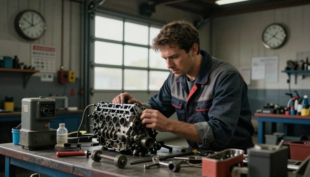 A professional mechanic's workshop in the foreground, featuring tools scattered across a workbench. In the middle, a mechanic in professional attire examines an engine with a concerned expression, highlighting the theme of red flags. Surrounding them, visible signs of potential issues: an unorganized work area, outdated equipment, and an ominous ticking clock representing time delays. The background shows a garage door half-open, casting natural light that contrasts with the dimness of the workshop, creating a tense atmosphere. The angle captures the mechanic's focused expression, emphasizing the importance of choosing the right person for auto repairs. Emphasize realism with a detailed, slightly gritty aesthetic for authenticity.