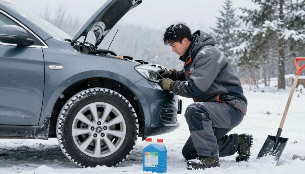 A snowy outdoor scene showcasing a mechanic in professional attire, preparing a car for extreme winter conditions. In the foreground, the mechanic is inspecting the engine compartment, dressed in a warm, insulated jacket and gloves. The middle ground features a vehicle with snow-covered tires, while essential winter supplies like antifreeze and a shovel are visible on the ground. In the background, a snowy landscape with pine trees creates a chilly, winter atmosphere. The lighting is soft and overcast, hinting at a cold day, with gentle flurries of snow softly falling, enhancing the mood of preparation and caution. The angle captures both the mechanic and the vehicle, illustrating a proactive winter maintenance scenario.