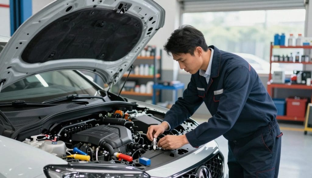 A vibrant automotive garage scene showcasing a skilled mechanic performing a tune-up on a modern engine. In the foreground, the mechanic, dressed in professional business attire, is focused on adjusting the spark plugs, surrounded by tools and diagnostic equipment. The middle ground features an open hood of a sleek, fuel-efficient car, with intricate engine components visible. In the background, shelves filled with car maintenance supplies and a window letting in soft, natural light create a bright, organized atmosphere. The overall mood conveys a sense of professionalism and attention to detail, highlighting the significance of regular tune-ups in enhancing fuel economy and engine performance, with a shallow depth of field emphasizing the mechanic's work while softening the background. A vibrant automotive garage scene showcasing a skilled mechanic performing a tune-up on a modern engine. In the foreground, the mechanic, dressed in professional business attire, is focused on adjusting the spark plugs, surrounded by tools and diagnostic equipment. The middle ground features an open hood of a sleek, fuel-efficient car, with intricate engine components visible. In the background, shelves filled with car maintenance supplies and a window letting in soft, natural light create a bright, organized atmosphere. The overall mood conveys a sense of professionalism and attention to detail, highlighting the significance of regular tune-ups in enhancing fuel economy and engine performance, with a shallow depth of field emphasizing the mechanic's work while softening the background.