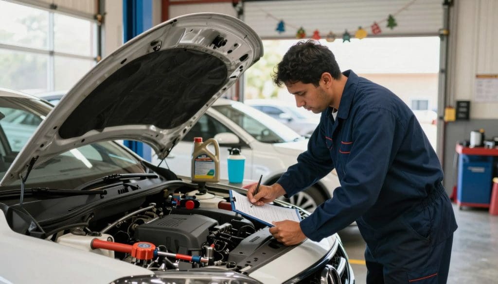 A vibrant automotive workshop scene set in San Antonio, showcasing a professional mechanic in a navy blue uniform examining a car's engine. In the foreground, a mechanic uses a checklist while leaning over the open hood, with various tools neatly arranged on a workbench beside him. The middle ground features a modern sedan with seasonal maintenance items, like a tire pressure gauge, coolant, and oil containers, emphasizing the need for service. The background reveals a clean, well-lit garage with seasonal decorations hinting at both summer and winter, reflecting the dual nature of San Antonio's climate. Soft, natural sunlight filters through a window, creating an inviting atmosphere, while the overall mood conveys diligence and readiness for seasonal vehicle care.