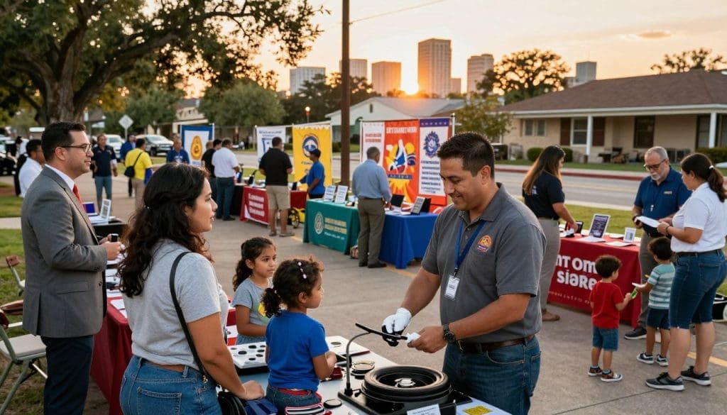 A vibrant community engagement scene in San Antonio, depicting a diverse group of individuals in professional business attire and modest casual clothing actively participating in an outdoor neighborhood event. In the foreground, a friendly local mechanic is engaging with families, showing them car care tips while children play nearby. The middle ground features booths with local vendors and community resource tables, surrounded by colorful banners reflecting local culture. In the background, the sun sets over the iconic San Antonio skyline, casting a warm golden light that enhances the welcoming atmosphere. The image should convey a sense of community spirit, collaboration, and local pride, captured with a slightly elevated angle to encompass both the engaging interactions in the foreground and the scenic backdrop.
