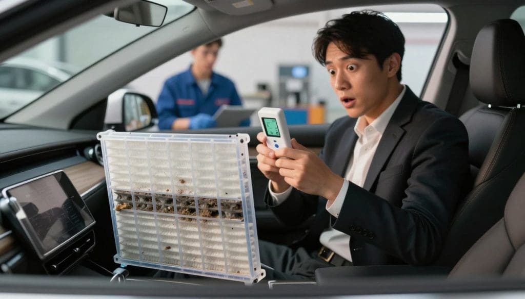 A visually engaging scene illustrating common misconceptions about cabin air filters. In the foreground, a large, clear, cut-open cabin air filter reveals layers of dirt and debris, highlighting the importance of maintenance. In the middle, a person dressed in professional business attire holds a filtered air quality test instrument, looking surprised while examining the filter. They are in a modern car interior, surrounded by clean lines and soft ambient lighting, emphasizing a focus on health and cleanliness. In the background, a blurred auto mechanic workshop implies expertise and reliability. The overall atmosphere is informative yet approachable, with a warm color palette to evoke a sense of care and concern for air quality.
