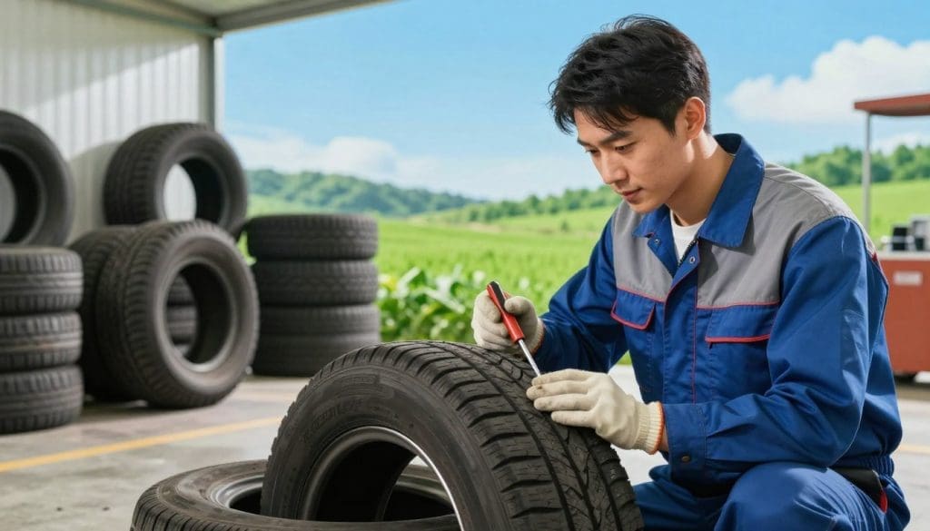 A visually striking composition illustrating the economic and environmental benefits of tire repair. In the foreground, focus on a mechanic in professional attire, skillfully examining a damaged tire with tools in hand. The middle ground features a vibrant, eco-friendly workshop filled with repaired tires, showcasing their longevity and reduced waste. In the background, depict a clear blue sky and a thriving green landscape symbolizing a cleaner environment. Soft, natural lighting enhances the scene, casting gentle shadows. The angle is slightly low, emphasizing the tire’s texture and the mechanic’s expertise. The mood is optimistic and proactive, embodying a commitment to sustainability and responsible consumer choices. A visually striking composition illustrating the economic and environmental benefits of tire repair. In the foreground, focus on a mechanic in professional attire, skillfully examining a damaged tire with tools in hand. The middle ground features a vibrant, eco-friendly workshop filled with repaired tires, showcasing their longevity and reduced waste. In the background, depict a clear blue sky and a thriving green landscape symbolizing a cleaner environment. Soft, natural lighting enhances the scene, casting gentle shadows. The angle is slightly low, emphasizing the tire’s texture and the mechanic’s expertise. The mood is optimistic and proactive, embodying a commitment to sustainability and responsible consumer choices.