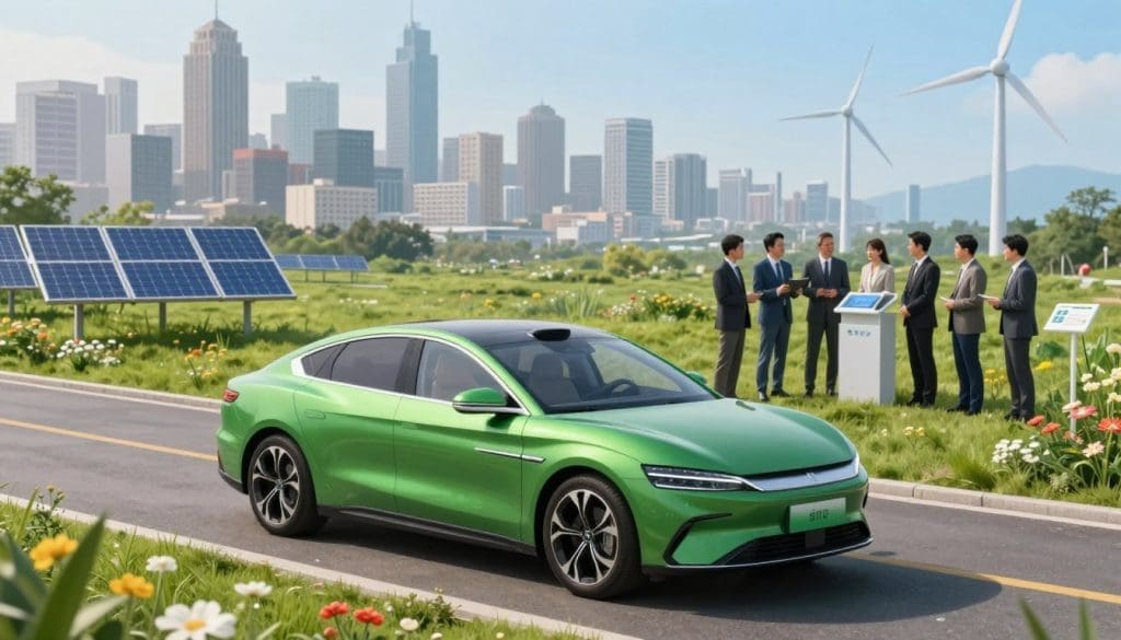 A visually striking illustration showcasing the environmental impact of hybrid vehicles. In the foreground, a vibrant green hybrid car is parked on a clean road, surrounded by blooming flowers and lush grass. The middle ground features a diverse group of people in professional business attire discussing a small display of eco-friendly energy sources, like solar panels and wind turbines. In the background, a city skyline transitions from smoggy to clear, symbolizing the positive effects of hybrid technology on air quality. Soft natural lighting enhances the scene, casting gentle shadows and creating an uplifting mood. The camera is positioned at a slightly elevated angle, providing a broad perspective of both urban and natural elements, emphasizing harmony between technology and the environment. A visually striking illustration showcasing the environmental impact of hybrid vehicles. In the foreground, a vibrant green hybrid car is parked on a clean road, surrounded by blooming flowers and lush grass. The middle ground features a diverse group of people in professional business attire discussing a small display of eco-friendly energy sources, like solar panels and wind turbines. In the background, a city skyline transitions from smoggy to clear, symbolizing the positive effects of hybrid technology on air quality. Soft natural lighting enhances the scene, casting gentle shadows and creating an uplifting mood. The camera is positioned at a slightly elevated angle, providing a broad perspective of both urban and natural elements, emphasizing harmony between technology and the environment.