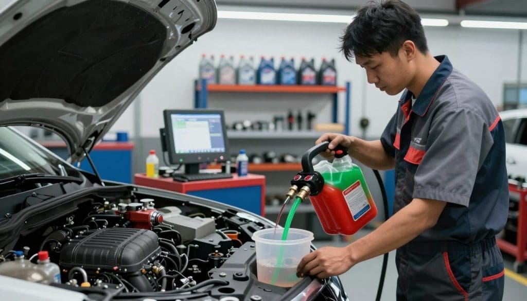 A well-equipped automotive workshop showcasing a professional coolant flush service. In the foreground, a mechanic in a clean, professional uniform is intently working on a car engine in a brightly lit garage. The mechanic is holding a specialized coolant flush machine, with vibrant red and green coolant flowing from hoses into a clear container. In the middle ground, organized tools and equipment are neatly arranged, with a diagnostic machine displaying technical data. The background features shelves stocked with bottles of coolant and automotive fluids, illuminated by soft, overhead LED lights, creating a focused and industrious atmosphere. The image captures a sense of expertise, precision, and the importance of maintaining engine health. A well-equipped automotive workshop showcasing a professional coolant flush service. In the foreground, a mechanic in a clean, professional uniform is intently working on a car engine in a brightly lit garage. The mechanic is holding a specialized coolant flush machine, with vibrant red and green coolant flowing from hoses into a clear container. In the middle ground, organized tools and equipment are neatly arranged, with a diagnostic machine displaying technical data. The background features shelves stocked with bottles of coolant and automotive fluids, illuminated by soft, overhead LED lights, creating a focused and industrious atmosphere. The image captures a sense of expertise, precision, and the importance of maintaining engine health.