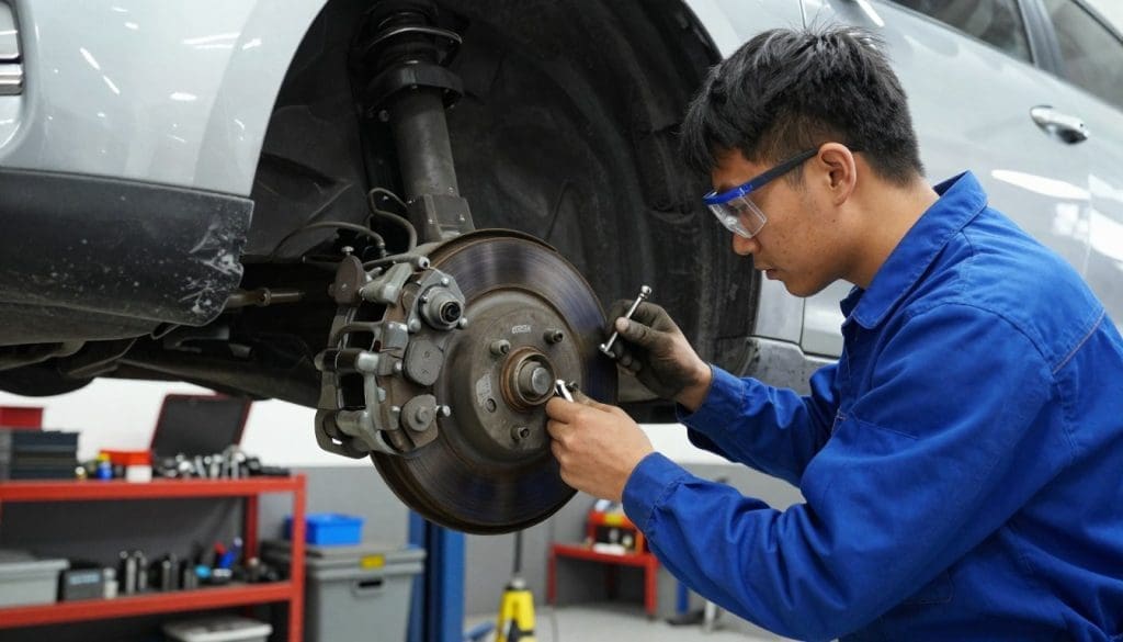 A well-lit automotive service garage scene showcasing a professional mechanic performing regular brake service on a car. In the foreground, the mechanic, dressed in a blue coverall and safety glasses, inspects the brake system using tools. The middle ground features a partially dismantled wheel, revealing worn brake pads that need replacement. In the background, shelves are lined with various automotive tools and equipment, while a bright overhead light illuminates the workspace, creating a sterile and focused atmosphere. The image conveys a sense of safety, professionalism, and the importance of regular vehicle maintenance, emphasizing the necessity of checking and replacing worn brake components. The angle is slightly low to capture the mechanic's meticulous work on the brakes, highlighting the significance of this essential service.