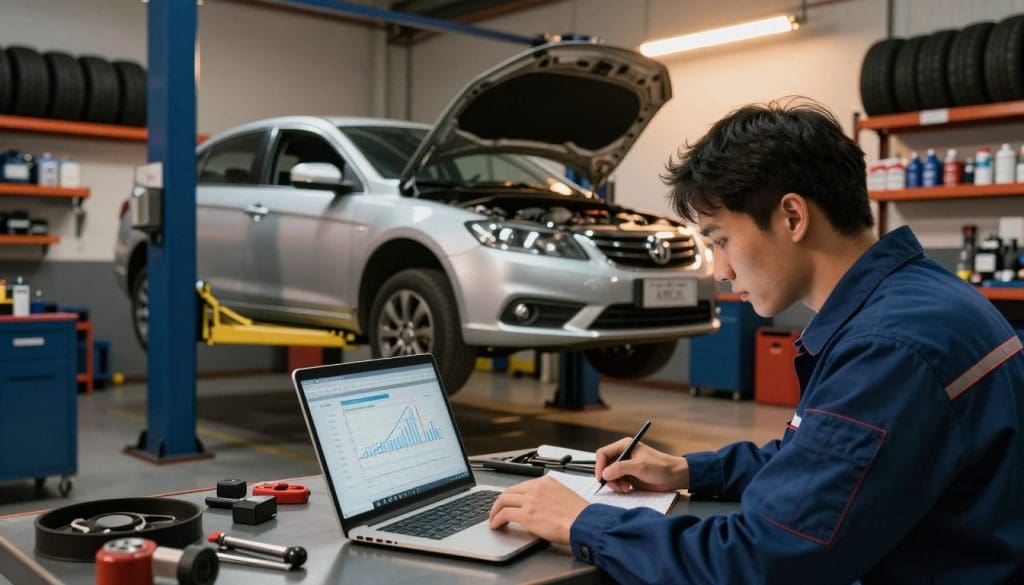A well-organized automotive workshop scene at twilight, featuring a mechanic in professional attire inspecting a mid-sized sedan's engine. The foreground showcases the mechanic focused on calculations, with an open laptop displaying graphs of vehicle maintenance costs. In the middle, the vehicle is lifted on a hydraulic car lift, surrounded by tools and spare parts. The background illustrates shelves stocked with tires and maintenance supplies, illuminated by warm overhead lights that create an inviting atmosphere. The overall mood reflects a sense of expertise and organization, symbolizing the importance of budgeting for regular maintenance to save money. Use a wide-angle lens to emphasize the depth of the workshop while capturing a close-up of the mechanic's concentration, with soft lighting enhancing the professional, yet approachable environment.