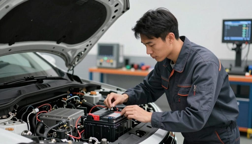 An automotive technician in a professional business attire carefully examines a car battery using advanced diagnostic tools. In the foreground, the technician is focused, illuminated by soft, diffused lighting that highlights the intricate details of the diagnostic equipment. The middle ground features the car hood opened wide, showcasing the complex electrical system with visible wires and circuits. In the background, a well-lit workshop environment is visible, filled with tools and diagnostic equipment, creating a sense of a high-tech workspace. The atmosphere conveys a serious yet problem-solving mood, emphasizing the importance of electrical diagnostics in identifying hidden vehicle issues. Use a shallow depth of field to keep the focus on the technician and the battery, while softly blurring the background details.
