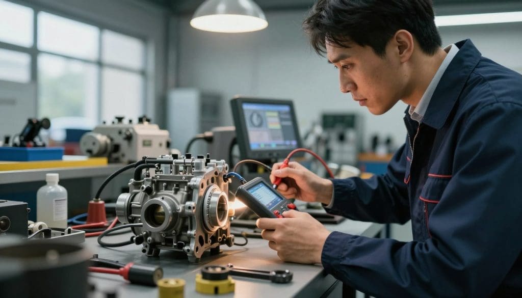 An experienced automotive technician in a modern workshop, intently examining a complex automotive cooling system. The technician, dressed in professional business attire, is surrounded by tools and parts, with a focus on a water pump lying prominently on the workbench. In the foreground, a close-up of the technician’s hands using diagnostic tools to analyze the water pump, illuminating the intricate details. The middle includes various automotive machinery and equipment, emphasizing a busy, organized workspace. In the background, soft overhead lights create a focused atmosphere, while large windows allow natural light to filter in, enhancing the mood of expertise and diligence. The image conveys professionalism and technical skill in automotive repairs.