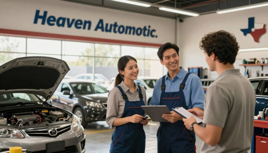 An inviting and well-organized auto repair shop in San Antonio, featuring a welcoming sign that reads “Heaven Automotive.” In the foreground, a friendly mechanic in professional business attire is engaging with a satisfied customer, both smiling as they discuss car repair options. In the middle, several well-maintained cars are in various stages of repair, showcasing tools and equipment around them. The background has soft, warm lighting pouring in from large windows, creating a bright and positive atmosphere. The shop has a clean and modern design, with touches of local Texas decor. The scene conveys trust, professionalism, and a sense of community, emphasizing a fair pricing approach to auto repair.