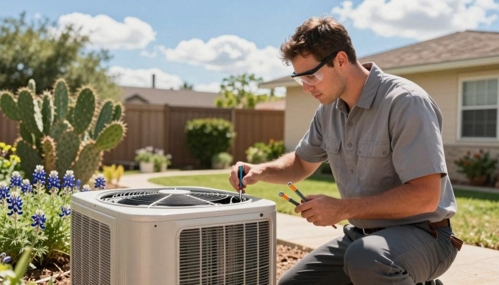 A bright, sunny day in San Antonio, capturing the essence of summer prep for air conditioning. In the foreground, a professional technician in business attire is inspecting a residential A/C unit, holding tools and wearing protective eyewear. The middle ground features a well-kept backyard, dotted with native Texas plants like bluebonnets and prickly pear, symbolizing the local climate. In the background, a clear blue sky with fluffy clouds casts warm sunlight over the scene, highlighting the vibrant summer atmosphere. The focus should emphasize the technician engaged in the task, with a shallow depth of field to create a sense of intimacy and urgency as residents prepare for the heat wave ahead. The overall mood is proactive and informative.