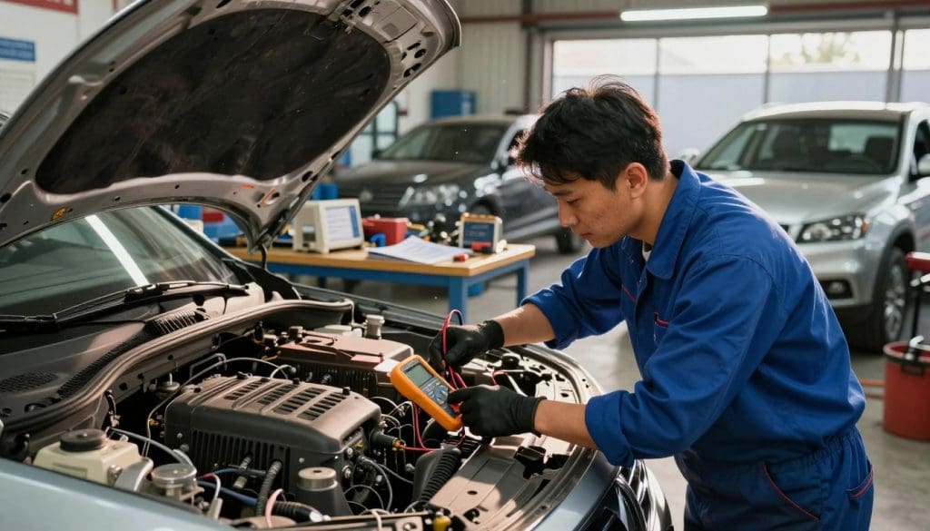 A bustling automotive repair shop focusing on climate control. In the foreground, a professional technician in a blue shirt and black gloves inspects an open car hood, surrounded by tools and diagnostic equipment. The technician is using a digital multimeter to check wiring connected to the air conditioning system, demonstrating expertise amidst the chaos of tools and parts scattered nearby. In the middle ground, a workbench filled with air conditioning components and manuals is visible, while the background reveals several cars in the shop, bathed in soft overhead lighting. Dust motes float in the air, creating a warm, industrious atmosphere, as sunlight filters through the windows, reflecting off polished surfaces and enhancing the technical ambiance of the workshop.