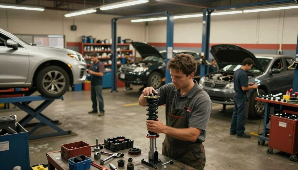 A bustling automotive repair shop in San Antonio, focused on suspension repair. In the foreground, a mechanic in a professional shirt and work apron is inspecting a vehicle's suspension system, surrounded by tools and parts. The middle ground features multiple cars on lifts, showcasing different stages of suspension work, while mechanics collaborate on repairs. The background shows a well-organized workshop with auto parts shelves, bright LED lights illuminating the scene. The mood conveys a sense of urgency and expertise, emphasizing the importance of proper suspension maintenance. Capture this scene from a slightly elevated angle to showcase activity, with warm lighting that enhances the work environment.