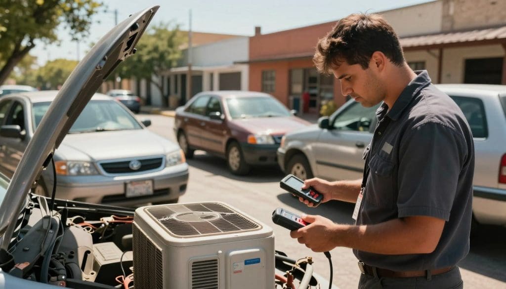 A busy San Antonio street scene depicting an air conditioning repair technician in professional attire, evaluating a vehicle's A/C unit. In the foreground, the technician is shown holding diagnostic tools, with an A/C system visibly disassembled. The middle ground features two vehicles parked under the hot Texas sun, illustrating the impact of the local climate on A/C performance. The background reveals typical San Antonio architecture with heat-shimmering effects. Bright, harsh sunlight creates strong contrasts and deep shadows, enhancing the heat of summer. Use a wide-angle lens to capture the bustling atmosphere, conveying a sense of urgency and expertise in tackling local climate challenges. The overall mood should be one of determination and professionalism amidst the sweltering heat. A busy San Antonio street scene depicting an air conditioning repair technician in professional attire, evaluating a vehicle's A/C unit. In the foreground, the technician is shown holding diagnostic tools, with an A/C system visibly disassembled. The middle ground features two vehicles parked under the hot Texas sun, illustrating the impact of the local climate on A/C performance. The background reveals typical San Antonio architecture with heat-shimmering effects. Bright, harsh sunlight creates strong contrasts and deep shadows, enhancing the heat of summer. Use a wide-angle lens to capture the bustling atmosphere, conveying a sense of urgency and expertise in tackling local climate challenges. The overall mood should be one of determination and professionalism amidst the sweltering heat.