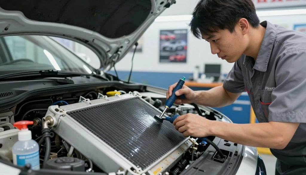 A clean and professional automotive service environment showcasing an AC evaporator cleaning in progress. In the foreground, a technician in a modest casual outfit is diligently focused on the intricate details of an AC unit, using specialized tools to remove debris. The middle field features a close-up of the evaporator core, emphasizing its fins and the cleaning process rendered with sparkling cleanliness, surrounded by scattered cleaning supplies. The background captures a well-organized workshop with automotive posters on the walls, illuminated by bright, focused lighting that highlights the technician's actions. The overall atmosphere is one of diligence and care, conveying the importance of car maintenance in preserving a fresh interior. The perspective is slightly angled, showcasing both the technician and the equipment without any distractions or text.