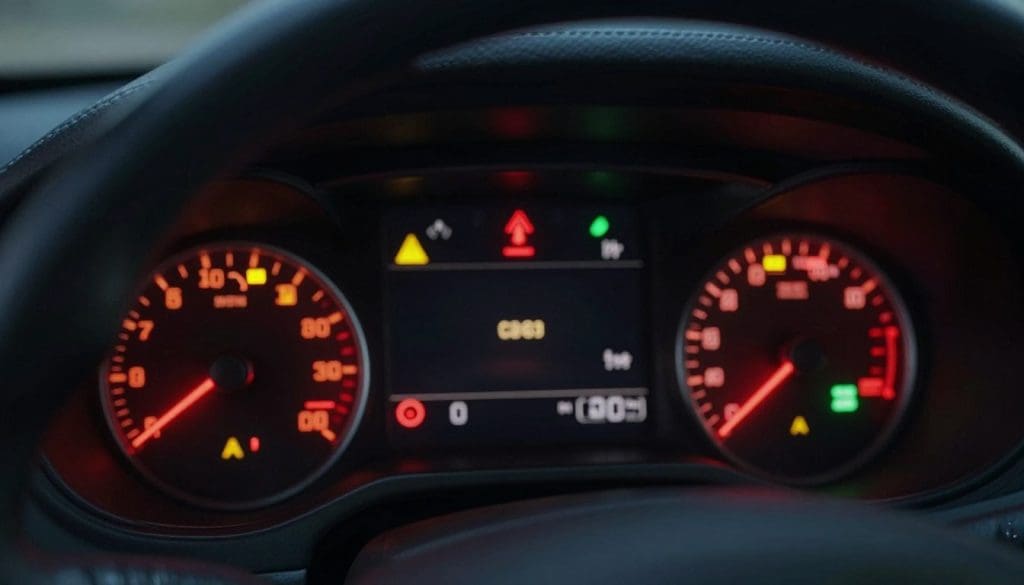 A close-up illustration of a car dashboard filled with various warning lights, clearly depicting their meanings. The foreground shows illuminated warning icons such as a check engine light, oil pressure light, battery warning, and tire pressure light, each glowing vividly in red, yellow, and green. In the middle ground, a sleek steering wheel and a sophisticated dashboard panel can be seen, emphasizing the modern design of the vehicle. The background features a dimly lit car interior, adding to the mood of seriousness and urgency. The lighting should highlight the warning lights, creating dramatic contrasts with the darker surroundings. The scene conveys a sense of caution and alertness, inviting viewers to take dashboard alerts seriously. A close-up illustration of a car dashboard filled with various warning lights, clearly depicting their meanings. The foreground shows illuminated warning icons such as a check engine light, oil pressure light, battery warning, and tire pressure light, each glowing vividly in red, yellow, and green. In the middle ground, a sleek steering wheel and a sophisticated dashboard panel can be seen, emphasizing the modern design of the vehicle. The background features a dimly lit car interior, adding to the mood of seriousness and urgency. The lighting should highlight the warning lights, creating dramatic contrasts with the darker surroundings. The scene conveys a sense of caution and alertness, inviting viewers to take dashboard alerts seriously.