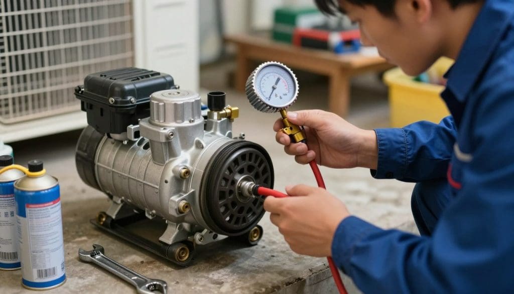 A close-up image of a technician in professional work attire, carefully inspecting an air conditioning compressor and its drive belt in a residential garage. The technician uses a pressure gauge to check the refrigerant levels, highlighting the hands-on process of maintenance. In the foreground, tools such as a wrench and a refrigerant canister are neatly arranged. The middle ground focuses on the compressor with clear detail on the drive belt’s texture and mechanism. In the background, soft ambient lighting illuminates the workspace, creating a focused, calm atmosphere. The angle is slightly elevated, providing a comprehensive view that emphasizes the technical aspects of A/C repair, reflecting a professional and methodical approach to summer preparation.