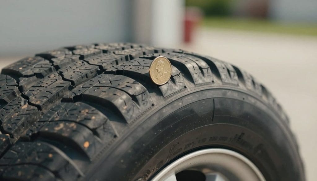 A close-up image of a tire being tested with a penny, with a focus on the penny being inserted into the tread grooves. The foreground features the penny partially embedded in the tire's rubber, showing the tread depth clearly; the shiny surface of the penny reflects light subtly. In the middle, the tire has visible wear indicators and shallow treads that illustrate signs of dangerous wear. The background is softly blurred, featuring an outdoor environment such as a garage or driveway, with natural lighting that suggests a bright, clear day. The atmosphere conveys urgency and importance, highlighting the critical nature of tire maintenance for safety and efficiency. The image should be crisp, emphasizing the details of the tire and penny, with a slight depth of field to draw attention to the subject.