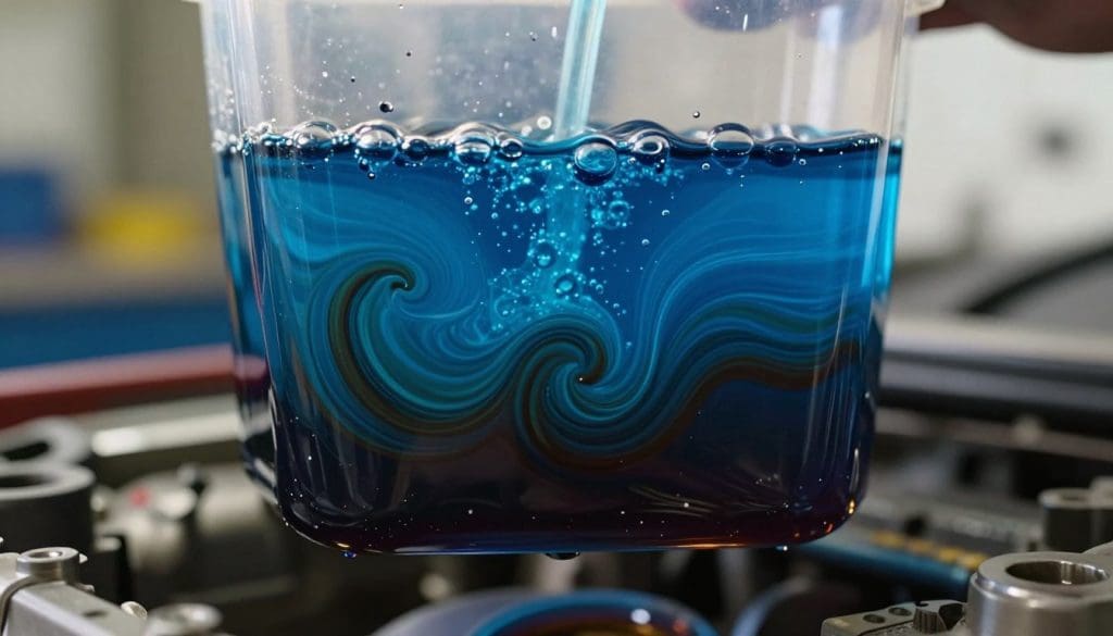 A close-up image of coolant mixing with engine oil, suspended in clear liquid. In the foreground, visualize vibrant blue coolant droplets swirling and mingling with dark, viscous oil, creating an intricate pattern reminiscent of an abstract painting. The middle ground features a translucent container revealing the liquid's layers, with small air bubbles rising to the surface. The background should be softly blurred, showcasing a hint of a mechanic's workshop with tools and equipment slightly out of focus for context. Use natural lighting to emphasize the textures and colors, with reflections glinting off the surfaces. The atmosphere should feel technical and professional, capturing the essence of a thorough automotive inspection.