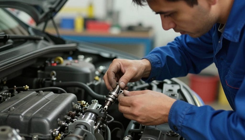 A close-up of a mechanic's hands delicately replacing a worn spark plug in the engine compartment of a car, showcasing the intricate details of automotive maintenance. The mechanic is wearing a professional blue jumpsuit, with a focused expression as they work under soft, warm lighting that highlights the shiny metal components of the engine. In the background, a blurred workshop is visible, filled with tools and parts, creating an atmosphere of professionalism and expertise. The camera angle is slightly tilted from above, emphasizing the spark plug being installed, while the depth of field keeps the background softly out of focus. The overall mood is one of diligence and care, suggesting the importance of regular vehicle maintenance and dispelling myths about maintenance-free vehicles. A close-up of a mechanic's hands delicately replacing a worn spark plug in the engine compartment of a car, showcasing the intricate details of automotive maintenance. The mechanic is wearing a professional blue jumpsuit, with a focused expression as they work under soft, warm lighting that highlights the shiny metal components of the engine. In the background, a blurred workshop is visible, filled with tools and parts, creating an atmosphere of professionalism and expertise. The camera angle is slightly tilted from above, emphasizing the spark plug being installed, while the depth of field keeps the background softly out of focus. The overall mood is one of diligence and care, suggesting the importance of regular vehicle maintenance and dispelling myths about maintenance-free vehicles.