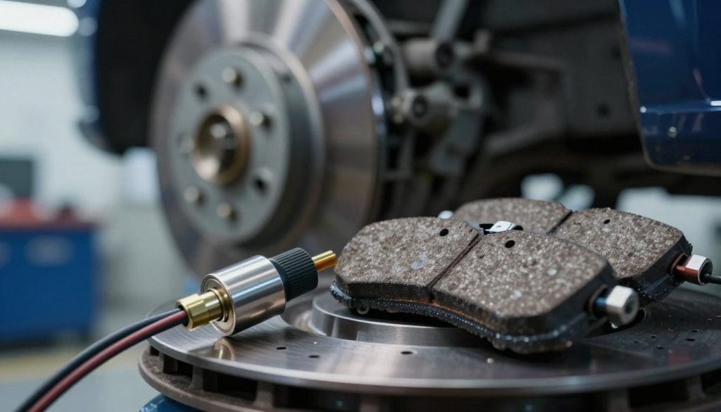 A close-up view of a brake wear indicator sensor, showcasing detailed wear patterns on brake pads. The foreground should capture the glimmering metal of the sensor with intricate details of the wiring and components, while focusing on the wear indicators that reveal wear levels. In the middle ground, include a partially disassembled brake assembly to provide context, highlighting calipers and rotors. The background should be softly blurred to suggest a professional garage environment, illuminated with cool, white LED lighting to enhance technical details. The mood should convey precision and professionalism, indicating a diagnostic procedure in progress, with an emphasis on the importance of inspecting brake systems.