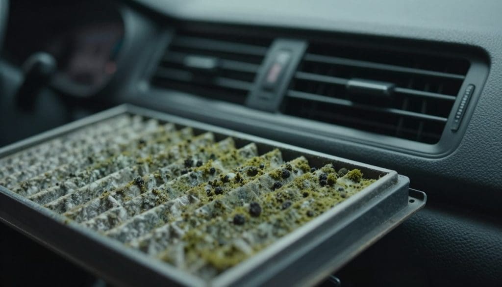 A close-up view of a cabin filter contaminated with mold, depicting the fine details of dark green and black fungal growth. In the foreground, the cabin filter is partially removed from its housing, showcasing the texture of the filter material covered in a layer of mold. The middle ground includes the car's air conditioning evaporator core, slightly blurred to emphasize the filter. The background features the car's dashboard and vents, dimly lit to create a musty atmosphere, with soft, diffused lighting highlighting the mold's details. Use a shallow depth of field to focus on the filter while softly blurring the background, conveying a serious and informative mood that underscores the importance of vehicle maintenance.