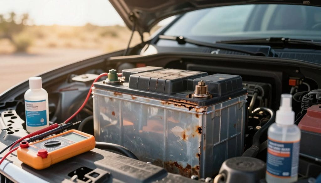 A close-up view of a car battery showing signs of wear and damage, with visible corrosion on the terminals and a cracked casing. In the foreground, tools like a multimeter for testing voltage and cleaning supplies for battery maintenance are artfully arranged. The middle ground features an open car hood, showcasing the battery's placement inside the engine bay, with sunlight streaming through the windshield, casting natural lighting that highlights the battery's distress signs. In the background, a hot Texas landscape is visible, with intense sunlight contributing to a shimmering heat haze. The mood is informative and slightly urgent, conveying the importance of recognizing battery issues in extreme heat. The composition should feel detailed and professional, perfect for illustrative purposes in an automotive article.