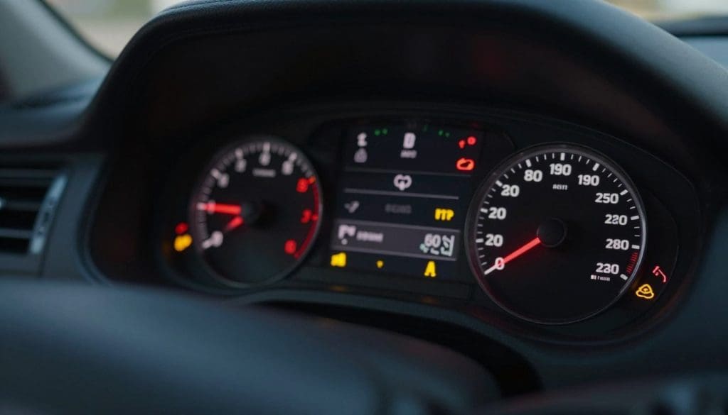 A close-up view of a car dashboard featuring various warning lights and engine sensors prominently illuminated. The foreground highlights the glowing red and yellow warning indicators, each displaying symbols that signify urgent issues like the check engine light, oil pressure, and battery alerts. In the middle ground, the dashboard dials are visible, showcasing speedometer and fuel gauge details. The background is softly blurred, hinting at the interior of a modern vehicle with sleek design elements. The lighting is focused on the dashboard, creating a moody yet informative atmosphere, emphasizing the seriousness of the warnings. The angle is slightly tilted to provide depth, capturing the sense of urgency associated with dashboard alerts.
