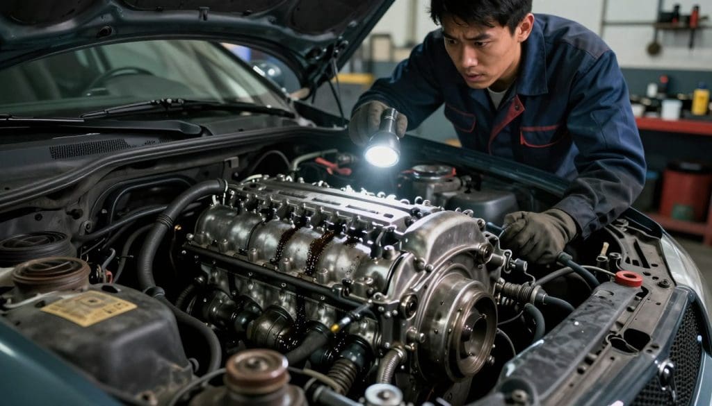 A close-up view of a car engine bay focusing on a metallic engine with visible signs of distress, such as oil leakage and worn-out components. The engine is surrounded by various automotive tools scattered around, and faint dark streaks suggesting grime and wear. The middle ground features a mechanic in professional work attire, inspecting the engine with a concerned expression, using a flashlight to highlight the damaged areas. The background reveals a dimly lit garage with shelves of spare parts and tools, enhancing the industrial atmosphere. The lighting is dramatic, casting shadows that accentuate the textures of the engine. Overall, the image conveys a sense of urgency and the importance of recognizing mechanical issues. A close-up view of a car engine bay focusing on a metallic engine with visible signs of distress, such as oil leakage and worn-out components. The engine is surrounded by various automotive tools scattered around, and faint dark streaks suggesting grime and wear. The middle ground features a mechanic in professional work attire, inspecting the engine with a concerned expression, using a flashlight to highlight the damaged areas. The background reveals a dimly lit garage with shelves of spare parts and tools, enhancing the industrial atmosphere. The lighting is dramatic, casting shadows that accentuate the textures of the engine. Overall, the image conveys a sense of urgency and the importance of recognizing mechanical issues.