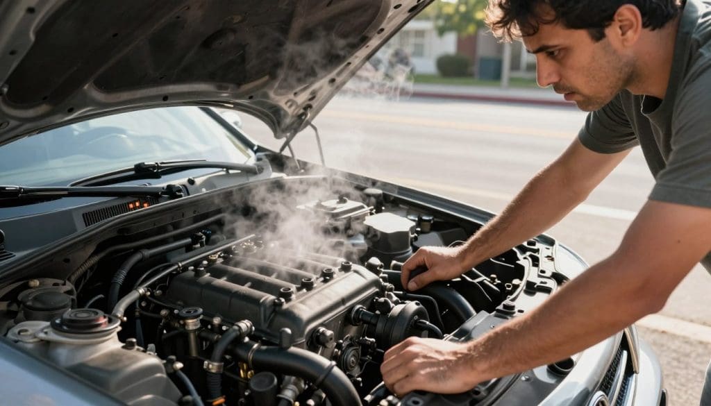 A close-up view of a car engine overheating, with steam rising from the radiator and warning lights illuminated on the dashboard. In the foreground, a concerned driver in modest casual clothing is inspecting the engine with a worried expression, highlighting the importance of recognizing overheating symptoms. The middle ground features a slightly open hood, showcasing the intricate engine components and the steam creating a tense atmosphere. The background includes a sun-drenched San Antonio street, with the heat shimmering off the pavement, hinting at a hot summer day. The lighting is bright and harsh, emphasizing the severity of the situation. Capture the urgency of addressing overheating, with a focus on the engine's distress signals and the driver's reaction.