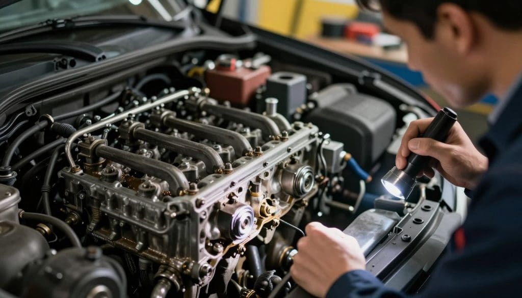 A close-up view of a car engine showing signs of knocking, with a focus on the pistons and connecting rods. The foreground features a mechanic examining the engine, dressed in professional business attire, using a flashlight to highlight the areas of concern. The middle ground captures the intricate details of the engine components, emphasizing wear and tear, with oil and grime present to indicate neglect. The background transitions into a workshop setting with tools and parts scattered, dimly lit under warm overhead lighting to create a serious and urgent atmosphere. The overall mood conveys the importance of timely vehicle maintenance and the potential dangers of ignoring engine issues. The image should have a shallow depth of field, making the mechanic and engine components sharply in focus while the background remains slightly blurred. A close-up view of a car engine showing signs of knocking, with a focus on the pistons and connecting rods. The foreground features a mechanic examining the engine, dressed in professional business attire, using a flashlight to highlight the areas of concern. The middle ground captures the intricate details of the engine components, emphasizing wear and tear, with oil and grime present to indicate neglect. The background transitions into a workshop setting with tools and parts scattered, dimly lit under warm overhead lighting to create a serious and urgent atmosphere. The overall mood conveys the importance of timely vehicle maintenance and the potential dangers of ignoring engine issues. The image should have a shallow depth of field, making the mechanic and engine components sharply in focus while the background remains slightly blurred.