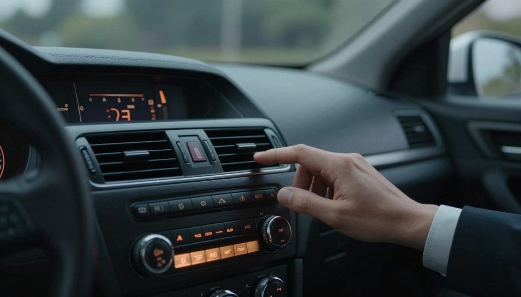 A close-up view of a car interior, specifically the dashboard area and air conditioning vents. The focus is on the AC controls, with a slightly dim lighting to convey a sense of frustration. The vents are visibly blowing warm air, with an ambient glow highlighting the buttons and dials, suggesting malfunction. In the foreground, a hand in business attire is reaching toward the controls, inspecting them closely. In the middle ground, there’s a visible temperature gauge showing high readings, reinforcing the issue of the AC not being cold. The background consists of a blurred view of the car’s interior, including seats and windows, creating an immersive ambiance. The mood is tense but hopeful, indicating that a solution is sought in the face of the sudden AC issue. A close-up view of a car interior, specifically the dashboard area and air conditioning vents. The focus is on the AC controls, with a slightly dim lighting to convey a sense of frustration. The vents are visibly blowing warm air, with an ambient glow highlighting the buttons and dials, suggesting malfunction. In the foreground, a hand in business attire is reaching toward the controls, inspecting them closely. In the middle ground, there’s a visible temperature gauge showing high readings, reinforcing the issue of the AC not being cold. The background consists of a blurred view of the car’s interior, including seats and windows, creating an immersive ambiance. The mood is tense but hopeful, indicating that a solution is sought in the face of the sudden AC issue.