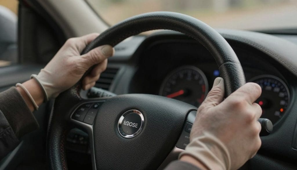 A close-up view of a car steering wheel, with hands gripping it firmly, showcasing worn-out leather and slight play in the wheel, indicating "loose steering". The foreground features detailed textures of the steering wheel and hands in light gloves, emphasizing concern for safety. In the middle ground, the dashboard displays warning lights subtly illuminated, highlighting the importance of maintenance. The background is softly blurred, showcasing the interior of a vehicle with muted tones, evoking a sense of urgency and caution. The lighting is warm but slightly dim, creating an atmosphere of seriousness and awareness. The image captures the critical aspect of steering system maintenance in action, underscoring the message of proactive safety. A close-up view of a car steering wheel, with hands gripping it firmly, showcasing worn-out leather and slight play in the wheel, indicating "loose steering". The foreground features detailed textures of the steering wheel and hands in light gloves, emphasizing concern for safety. In the middle ground, the dashboard displays warning lights subtly illuminated, highlighting the importance of maintenance. The background is softly blurred, showcasing the interior of a vehicle with muted tones, evoking a sense of urgency and caution. The lighting is warm but slightly dim, creating an atmosphere of seriousness and awareness. The image captures the critical aspect of steering system maintenance in action, underscoring the message of proactive safety.