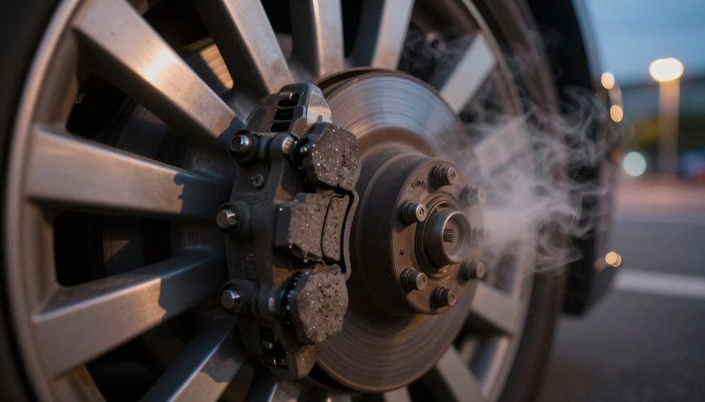 A close-up view of a car wheel and brake system, showcasing the detailed mechanics of squeaking brakes in action. Highlight the brake pads slightly worn, with visible dust and debris, and include thin wisps of steam rising from the brake area to symbolize heat. The foreground features shiny metal parts reflecting ambient city streetlights, while the middle ground includes blurred motion lines to depict the intensity of braking. In the background, a softly focused urban environment at dusk, with warm streetlights casting a gentle glow, immerses the scene in a tense yet informative mood. The image should have high contrast lighting with a slight vignette effect, emphasizing the brake components while creating an atmosphere of urgency and caution.