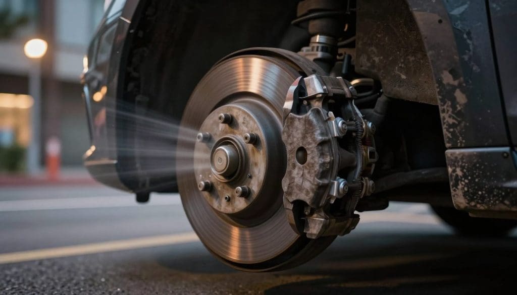 A close-up view of a car's braking system with emphasized detail on the brake pads and rotors, showing signs of wear and tear. The foreground features squealing brakes, highlighted by motion lines that represent sound waves emanating from the brakes. The middle layer includes the car's wheel and suspension components, capturing the texture of the rubber tire. In the background, a blurred urban street setting adds context, with streetlights casting a warm glow. The lighting is dramatic, with a focus on the brake assembly, creating an intense atmosphere. The image should have a slight tilt angle, giving a dynamic perspective that draws attention to the failing brake system, evoking a sense of urgency and concern. A close-up view of a car's braking system with emphasized detail on the brake pads and rotors, showing signs of wear and tear. The foreground features squealing brakes, highlighted by motion lines that represent sound waves emanating from the brakes. The middle layer includes the car's wheel and suspension components, capturing the texture of the rubber tire. In the background, a blurred urban street setting adds context, with streetlights casting a warm glow. The lighting is dramatic, with a focus on the brake assembly, creating an intense atmosphere. The image should have a slight tilt angle, giving a dynamic perspective that draws attention to the failing brake system, evoking a sense of urgency and concern.