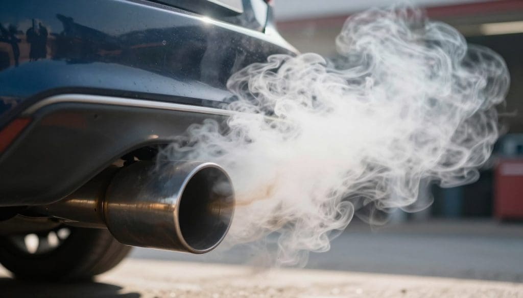 A close-up view of a car's exhaust pipe, emitting thick, white smoke in a dense plume, indicating a mechanical issue. The foreground captures the exhaust tip in sharp focus, showcasing metallic textures and slight tarnish. In the middle ground, the white smoke gracefully billows out, swirling and dissipating into the air, reflecting sunlight that creates a soft, ethereal glow, suggesting heat. The background features a blurred outline of a garage or a road, hinting at an automotive environment. The lighting is natural and bright, enhancing the details in the smoke and the chrome of the exhaust. The overall atmosphere conveys urgency and concern, emphasizing the importance of noticing warning signs in vehicle maintenance.