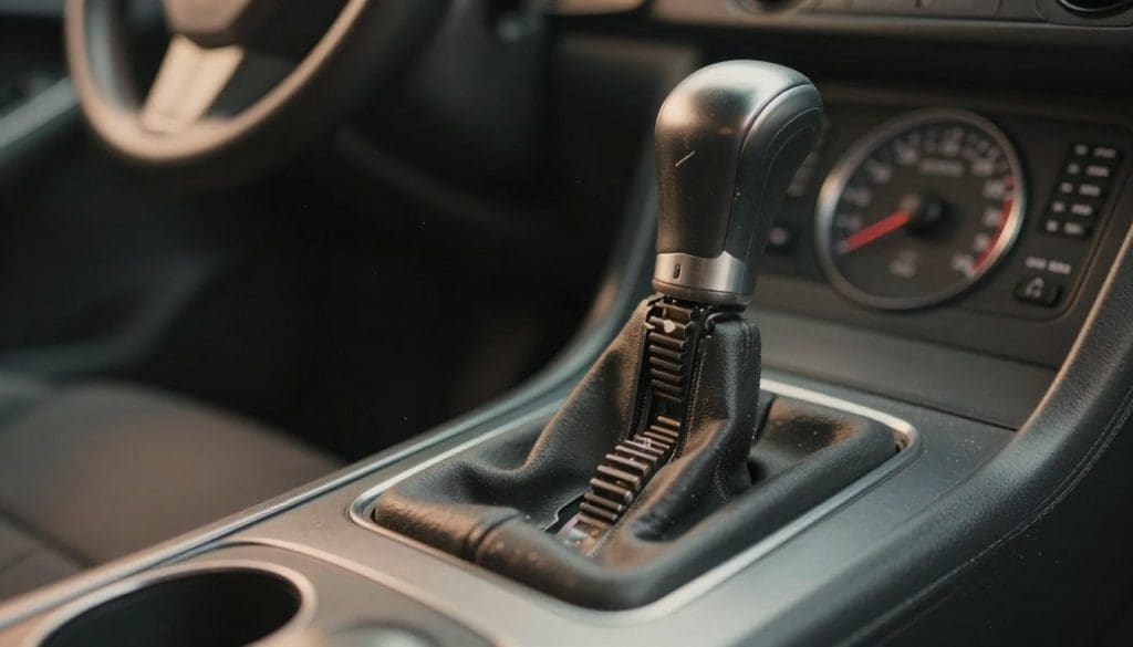 A close-up view of a car's gear shift, showcasing a visible slip in the gears, symbolizing minor transmission issues. In the foreground, emphasize the gear shift mechanism, with wear and tear signs, such as scratches and slight misalignment. The middle layer includes a blurred dashboard to suggest motion, with the speedometer indicating a moderate speed. The background features a garage setting with soft, ambient lighting highlighting dust particles in the air, creating a slightly tense atmosphere. Use a shallow depth of field to draw attention to the gear shift, while maintaining a warm color palette to evoke a sense of caution. Capture this scene from a low angle to suggest the car's intimate interaction with the driver. A close-up view of a car's gear shift, showcasing a visible slip in the gears, symbolizing minor transmission issues. In the foreground, emphasize the gear shift mechanism, with wear and tear signs, such as scratches and slight misalignment. The middle layer includes a blurred dashboard to suggest motion, with the speedometer indicating a moderate speed. The background features a garage setting with soft, ambient lighting highlighting dust particles in the air, creating a slightly tense atmosphere. Use a shallow depth of field to draw attention to the gear shift, while maintaining a warm color palette to evoke a sense of caution. Capture this scene from a low angle to suggest the car's intimate interaction with the driver.