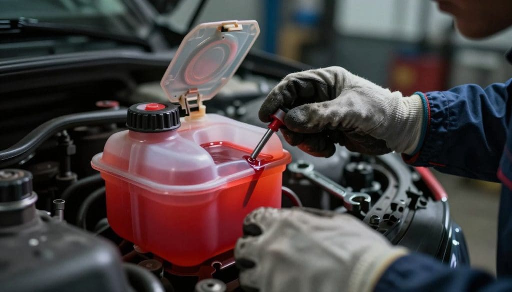 A close-up view of a car's power steering reservoir, featuring a partially open cap revealing a low level of bright red power steering fluid, symbolizing an issue. In the foreground, a gloved mechanic examines the fluid level, dressed in a professional attire. The middle ground shows tools scattered gently, including a wrench and a funnel, highlighting maintenance efforts. The background presents a slightly blurred garage with dim lighting, casting a moody atmosphere, emphasizing urgency. The image captures a sense of concern and readiness, with focused lighting illuminating the reservoir, enhancing the vivid color of the fluid against the darker tones of the garage surroundings. The angle is slightly tilted to convey a feeling of dynamic motion and urgency without any added text or watermarks. A close-up view of a car's power steering reservoir, featuring a partially open cap revealing a low level of bright red power steering fluid, symbolizing an issue. In the foreground, a gloved mechanic examines the fluid level, dressed in a professional attire. The middle ground shows tools scattered gently, including a wrench and a funnel, highlighting maintenance efforts. The background presents a slightly blurred garage with dim lighting, casting a moody atmosphere, emphasizing urgency. The image captures a sense of concern and readiness, with focused lighting illuminating the reservoir, enhancing the vivid color of the fluid against the darker tones of the garage surroundings. The angle is slightly tilted to convey a feeling of dynamic motion and urgency without any added text or watermarks.