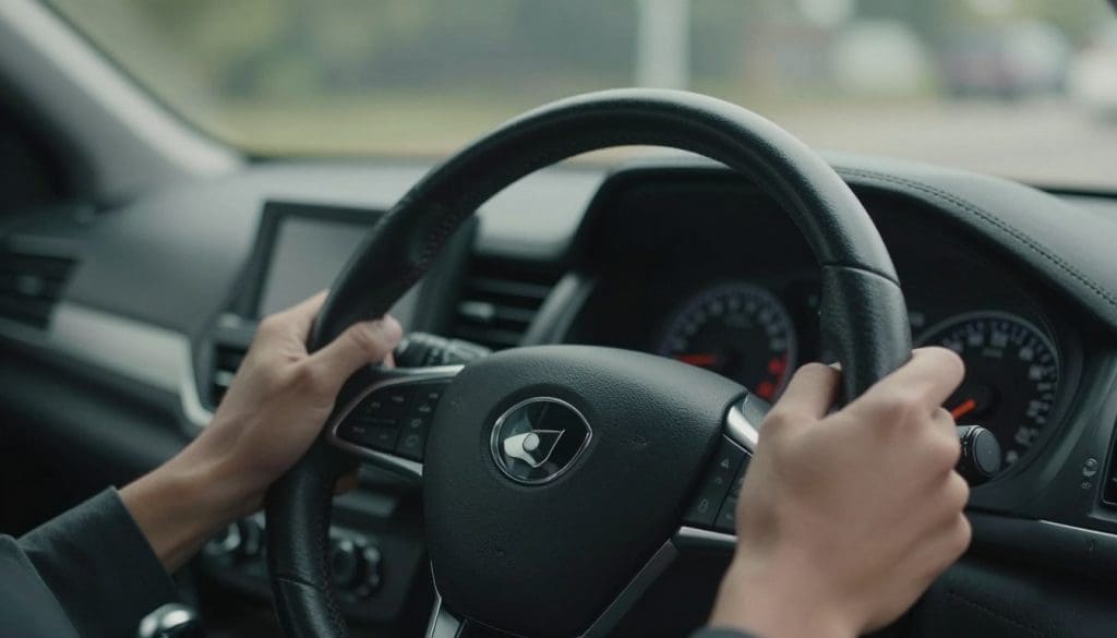 A close-up view of a car's steering wheel positioned off-center, highlighting its misalignment. The steering wheel features a sleek, modern design with a black leather exterior and silver accents. The foreground captures the wheel prominently, with hands gripping it firmly, showcasing a sense of concern. In the middle ground, the vehicle's dashboard is slightly visible, emphasizing the chaotic arrangement of the controls and indicators. The background reveals a blurred street scene through the windshield, suggesting a feeling of unease. Soft, natural lighting filters through the car windows, casting gentle shadows and reflections. The mood conveys a subtle tension, illustrating the concept of vehicle misalignment without any distractions or additional elements. A close-up view of a car's steering wheel positioned off-center, highlighting its misalignment. The steering wheel features a sleek, modern design with a black leather exterior and silver accents. The foreground captures the wheel prominently, with hands gripping it firmly, showcasing a sense of concern. In the middle ground, the vehicle's dashboard is slightly visible, emphasizing the chaotic arrangement of the controls and indicators. The background reveals a blurred street scene through the windshield, suggesting a feeling of unease. Soft, natural lighting filters through the car windows, casting gentle shadows and reflections. The mood conveys a subtle tension, illustrating the concept of vehicle misalignment without any distractions or additional elements.