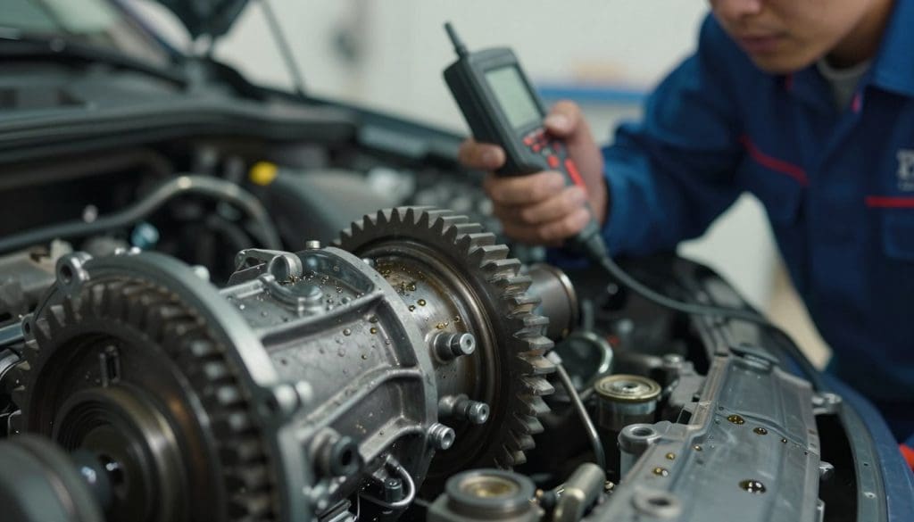 A close-up view of a car's transmission system, showcasing a slipping transmission in a detailed, mechanical context. The foreground features a partially visible, worn gear with subtle streaks indicating wear and tear, alongside scattered transmission fluid drops. In the middle ground, include a mechanic's hand holding a diagnostic tool, dressed in professional attire, focused on inspecting the components. The background shows a garage setting with diffused, soft lighting, accentuating the metallic textures and colors of the transmission. Use a slightly tilted angle to convey a sense of urgency and discovery. The atmosphere is tense yet informative, emphasizing the importance of understanding mechanical issues before they escalate. A close-up view of a car's transmission system, showcasing a slipping transmission in a detailed, mechanical context. The foreground features a partially visible, worn gear with subtle streaks indicating wear and tear, alongside scattered transmission fluid drops. In the middle ground, include a mechanic's hand holding a diagnostic tool, dressed in professional attire, focused on inspecting the components. The background shows a garage setting with diffused, soft lighting, accentuating the metallic textures and colors of the transmission. Use a slightly tilted angle to convey a sense of urgency and discovery. The atmosphere is tense yet informative, emphasizing the importance of understanding mechanical issues before they escalate.