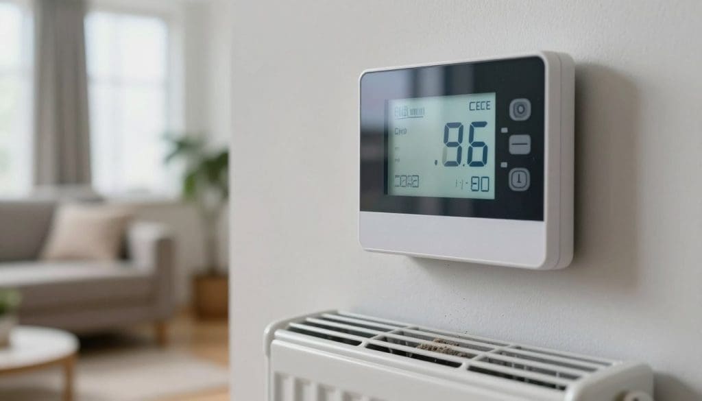 A close-up view of a digital thermostat mounted on a wall, displaying a frozen temperature indicator stuck at a low setting. The thermostat has a sleek, modern design with a glass front and LED display, emphasizing a malfunction. In the foreground, faint reflections of household items, like a cozy sofa and a plant, hint at a living room setting. The middle ground shows the thermostat interacting with a heating vent below, which appears cold and dusty, suggesting it hasn't been functioning. The background captures a softly lit room, with soft natural light filtering through a window, creating a calm yet concerned atmosphere. The overall mood conveys confusion and frustration, illustrating a moment of unexpected coldness. A close-up view of a digital thermostat mounted on a wall, displaying a frozen temperature indicator stuck at a low setting. The thermostat has a sleek, modern design with a glass front and LED display, emphasizing a malfunction. In the foreground, faint reflections of household items, like a cozy sofa and a plant, hint at a living room setting. The middle ground shows the thermostat interacting with a heating vent below, which appears cold and dusty, suggesting it hasn't been functioning. The background captures a softly lit room, with soft natural light filtering through a window, creating a calm yet concerned atmosphere. The overall mood conveys confusion and frustration, illustrating a moment of unexpected coldness.