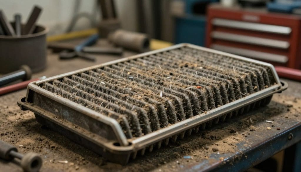 A close-up view of a dirty air filter lying on a workshop bench, showcasing its grimy, clogged surface adorned with layers of dust and debris. The foreground features the air filter prominently, highlighting the intricate details of the fibers and particles trapped within. In the middle ground, faint shadows of mechanics' tools can be seen, hinting at an environment of car maintenance. The background is softly blurred, depicting a garage with toolboxes and a dim light illuminating the scene, creating a slightly industrial yet focused atmosphere. The lighting is warm and inviting, enhancing the textures of the dust and grime. The overall mood conveys urgency and a need for maintenance, reflecting the importance of keeping the air filter clean.