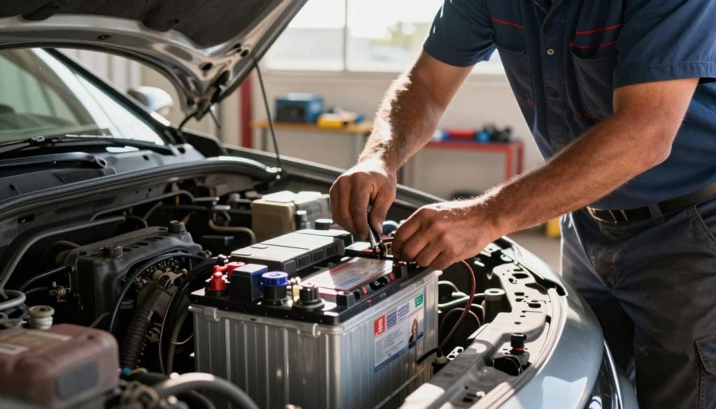 A close-up view of a mechanic in professional attire, focusing on the process of replacing a car battery in a sunlit Texas garage. The foreground features an open car hood, with a new, robust car battery prominently displayed, showcasing its technical features like labels and connectors. The middle ground captures the mechanic's hands as they deftly disconnect the old battery cables, highlighting their careful technique. The background depicts typical Texas heat with rays of bright sunlight streaming through the garage window, casting warm reflections on the tools and car parts. The atmosphere conveys a sense of diligence and expertise, with a slight shimmer in the air, emphasizing the harsh conditions that affect car batteries in Texas. Use natural daylight to illuminate the scene, creating a vivid, engaging image without any text or distractions.
