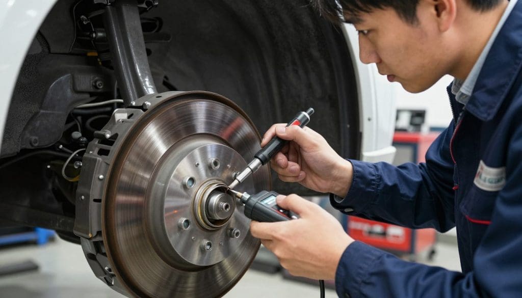 A close-up view of a mechanic inspecting a car's brake system, focused on the brake pads and rotors. The mechanic, dressed in a professional business attire, is using a diagnostic tool to measure wear and friction. The foreground should showcase the shiny brake components with detailed textures reflecting wear indicators. In the middle ground, the mechanic's concentrated expression conveys expertise and attention to detail. The background can include a well-lit garage setting with various automotive tools and equipment subtly blurred to maintain focus on the brake system. The lighting should be bright and even, reminiscent of a clean and organized workshop, creating an atmosphere of professionalism and technical precision. A close-up view of a mechanic inspecting a car's brake system, focused on the brake pads and rotors. The mechanic, dressed in a professional business attire, is using a diagnostic tool to measure wear and friction. The foreground should showcase the shiny brake components with detailed textures reflecting wear indicators. In the middle ground, the mechanic's concentrated expression conveys expertise and attention to detail. The background can include a well-lit garage setting with various automotive tools and equipment subtly blurred to maintain focus on the brake system. The lighting should be bright and even, reminiscent of a clean and organized workshop, creating an atmosphere of professionalism and technical precision.