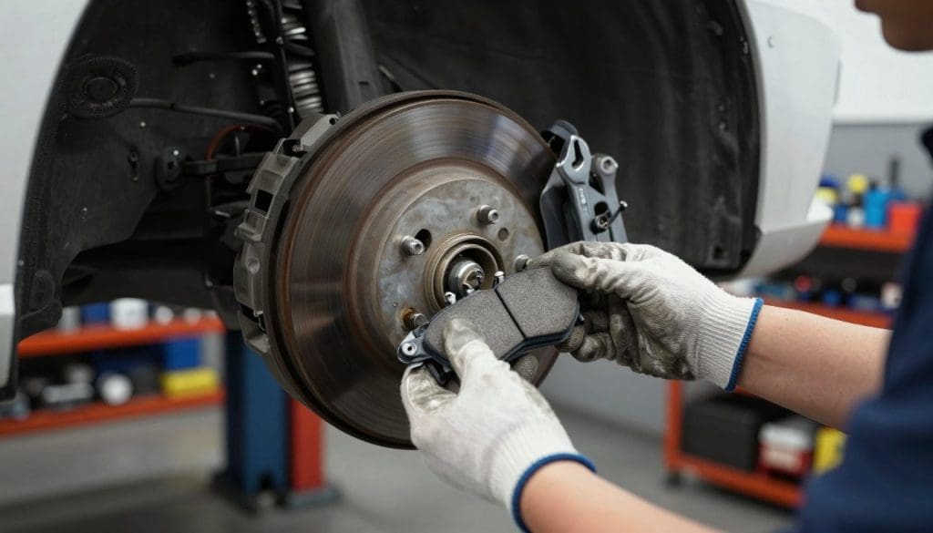 A close-up view of a mechanic inspecting the brake system of a car in a well-lit automotive workshop. In the foreground, focus on the mechanic's hands—wearing safety gloves—holding the brake pads, showing wear and tear indicative of potential failure. In the middle, a partially disassembled brake rotor is visible, with tools like a wrench and a torque wrench neatly arranged nearby. The background features shelves filled with automotive tools and equipment, with soft ambient lighting that creates a professional, yet slightly tense atmosphere, highlighting the urgency of identifying brake issues. The image has a slightly darkened edge to emphasize the subject matter, conveying a serious mood regarding brake maintenance.