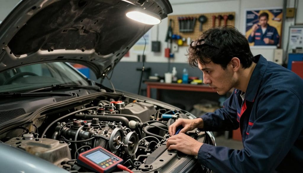 A close-up view of a misdiagnosed car in a dimly lit automotive repair shop. In the foreground, a confused mechanic examines a partially opened car hood, with various diagnostic tools scattered around him, illustrating the chaos of a mistaken diagnosis. In the middle ground, the car's engine is visibly disassembled, showcasing worn-out transmission parts that were misidentified, illuminated by a harsh overhead light casting sharp shadows. Behind, the workshop walls are cluttered with mechanics’ posters and tools hanging on a pegboard, adding to the atmosphere of a busy, disorganized space. The overall mood is tense and frustrating, highlighting the consequences of misdiagnosing transmission issues, with a focus on the mechanic’s concentration and the disarray around him. The image should have a realistic, vivid style with rich details.
