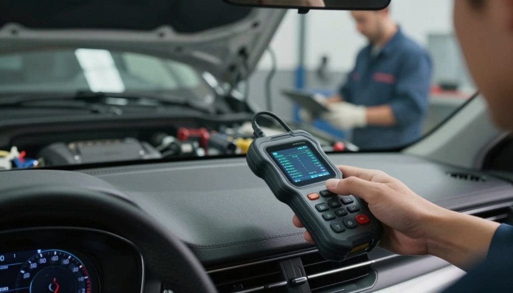 A close-up view of a modern automotive code reader displaying a diagnostic screen filled with error codes. In the foreground, the code reader is prominently positioned on the dashboard of a modern car, with a hand reaching to manipulate the buttons, showcasing the human element in vehicle diagnostics. The middle ground captures the cluttered interior of the car, with tools and a well-lit engine compartment visible through the windshield. In the background, a blurred mechanic's workshop or garage conveys professionalism and expertise. Use soft, diffused lighting to enhance clarity and focus on the code reader, while casting subtle shadows for depth. The atmosphere should feel informative and technical, illustrating both the utility and the limitations of these devices in a realistic automotive environment.