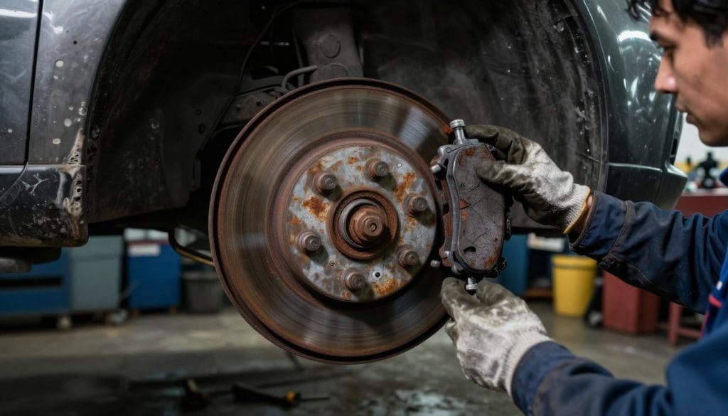 A close-up view of a neglected braking system, focusing on rusted brake rotors and worn brake pads, highlighting safety risks. In the foreground, show a mechanic's gloved hand reaching towards the braking assembly, inspecting it with concern. In the middle ground, a slightly blurred image of a car lifted on a hydraulic jack, emphasizing the need for maintenance. The background features a dimly lit garage with tools scattered around, creating a sense of urgency and neglect. Utilize harsh, dramatic lighting to cast shadows and enhance the mood, while keeping the focus sharp on the braking system. Capture the atmosphere of alarm and caution with an overall slightly desaturated color palette to evoke seriousness.